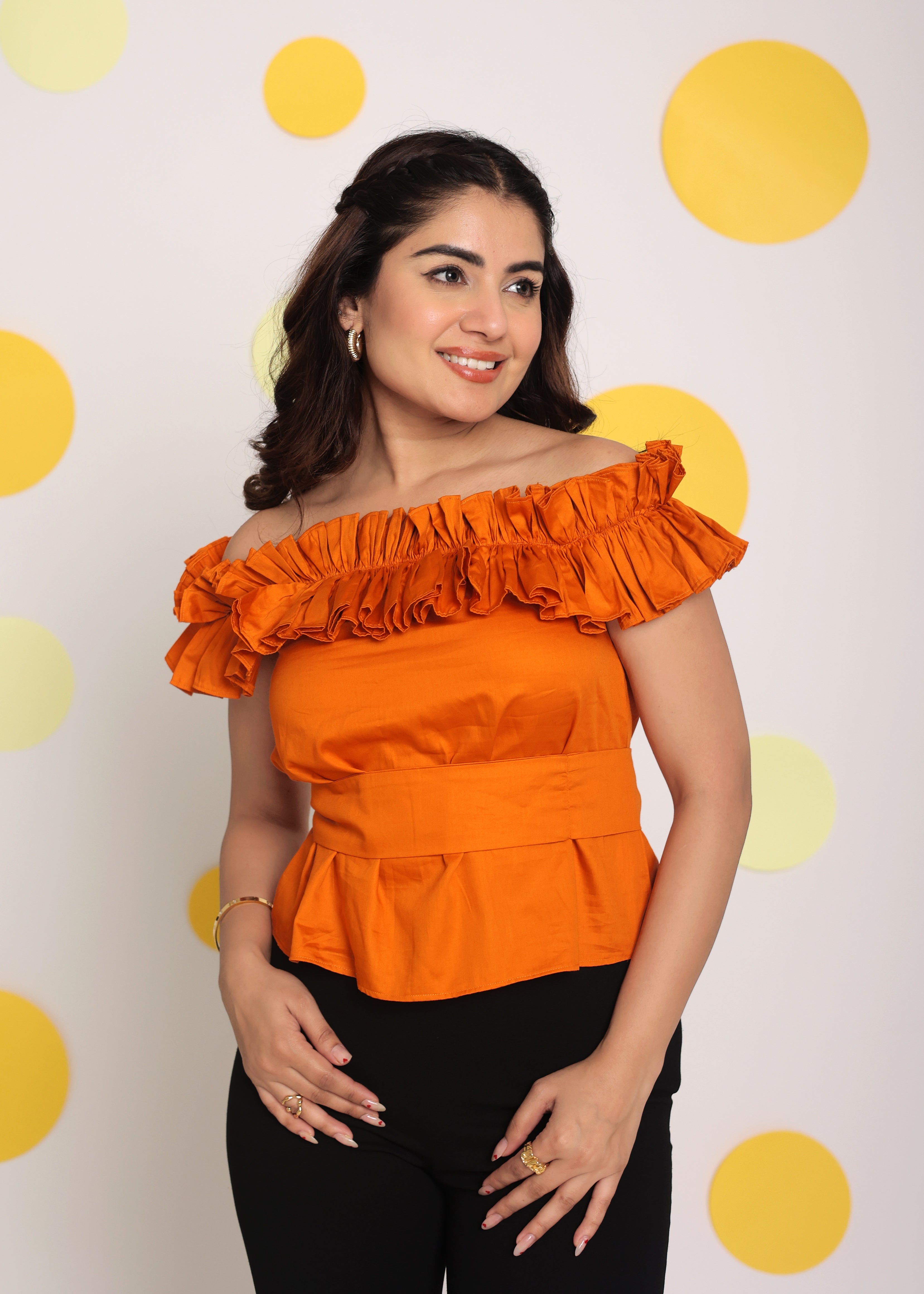 Rust Orange Frill Off Shoulder Bust Fitted 100% Cotton Tunic Short Top - Kaoribyshreya