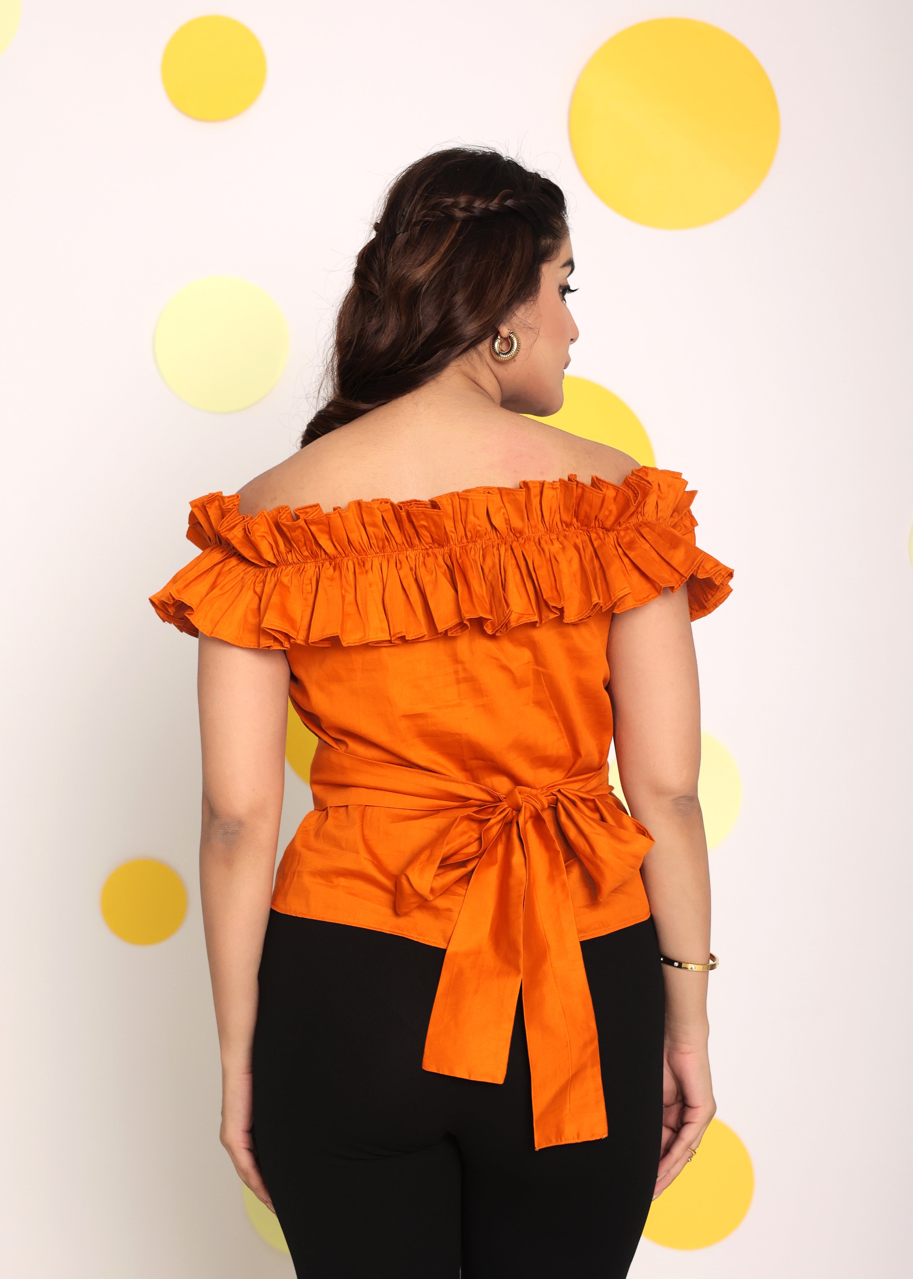 Rust Orange Frill Off Shoulder Bust Fitted 100% Cotton Tunic Short Top - Kaoribyshreya