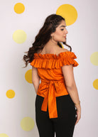 Rust Orange Frill Off Shoulder Bust Fitted 100% Cotton Tunic Short Top - Kaoribyshreya