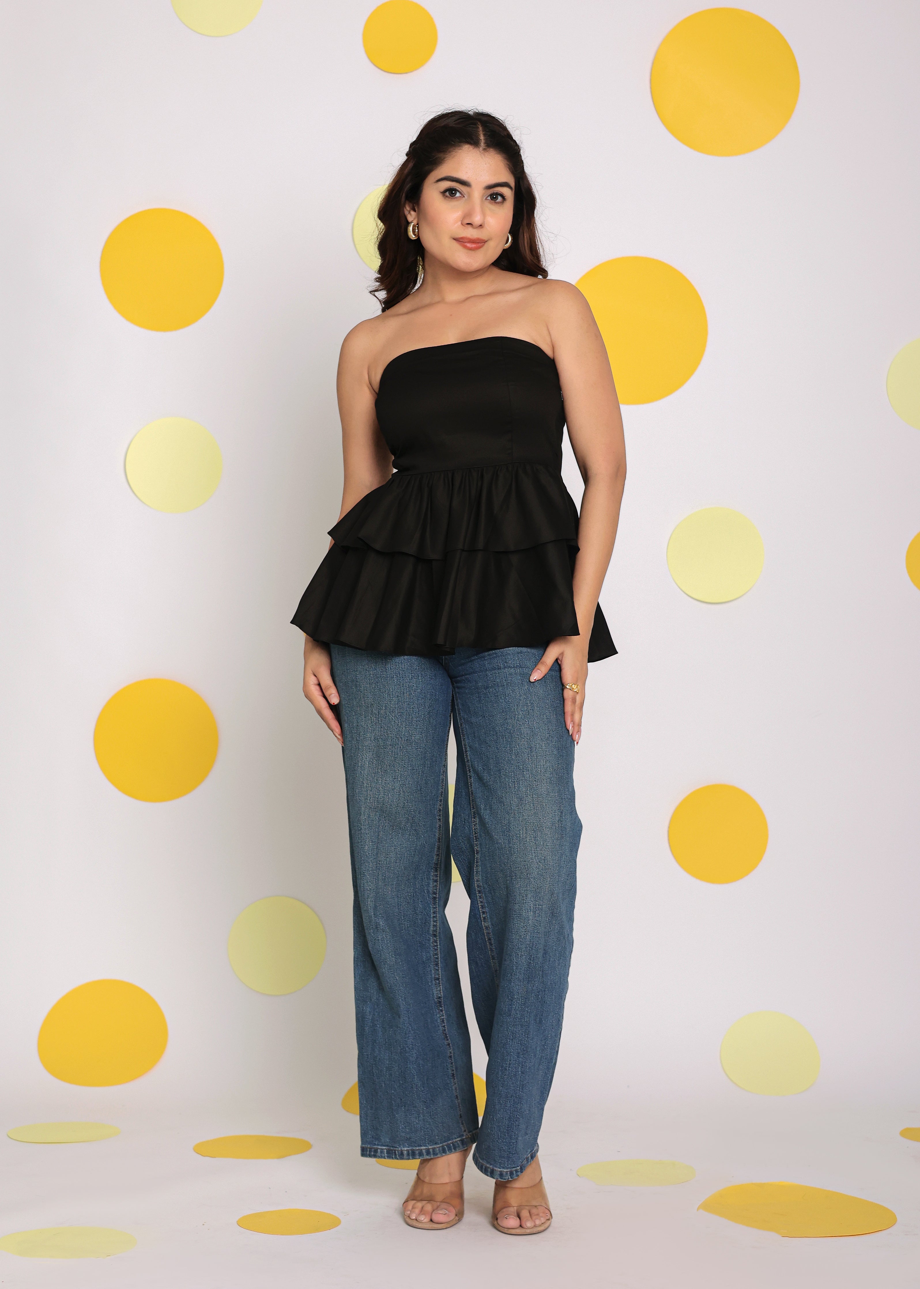 Solid Black Colour Tube Peplum Frill  Partywear Top - Kaoribyshreya