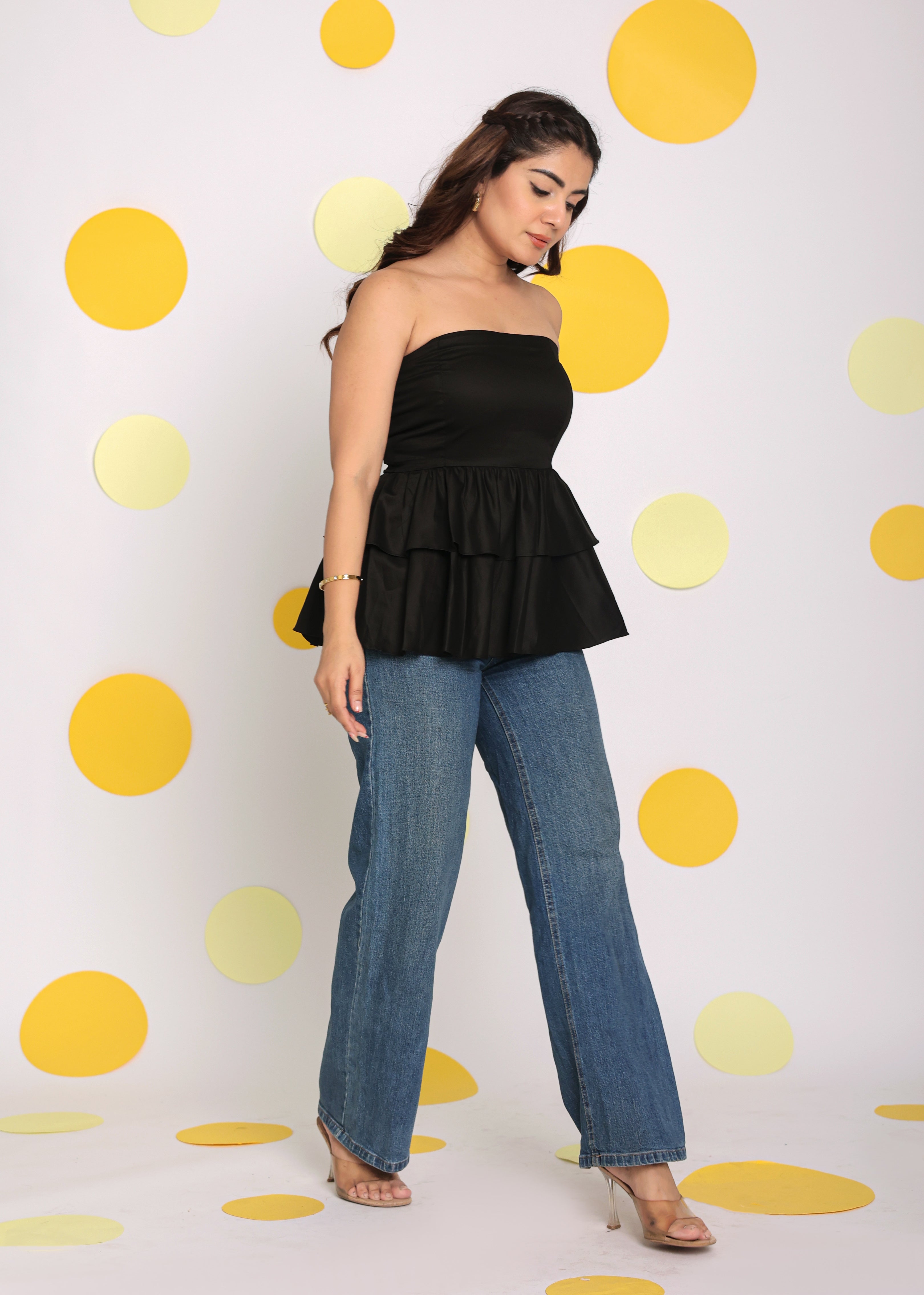 Solid Black Colour Tube Peplum Frill  Partywear Top - Kaoribyshreya