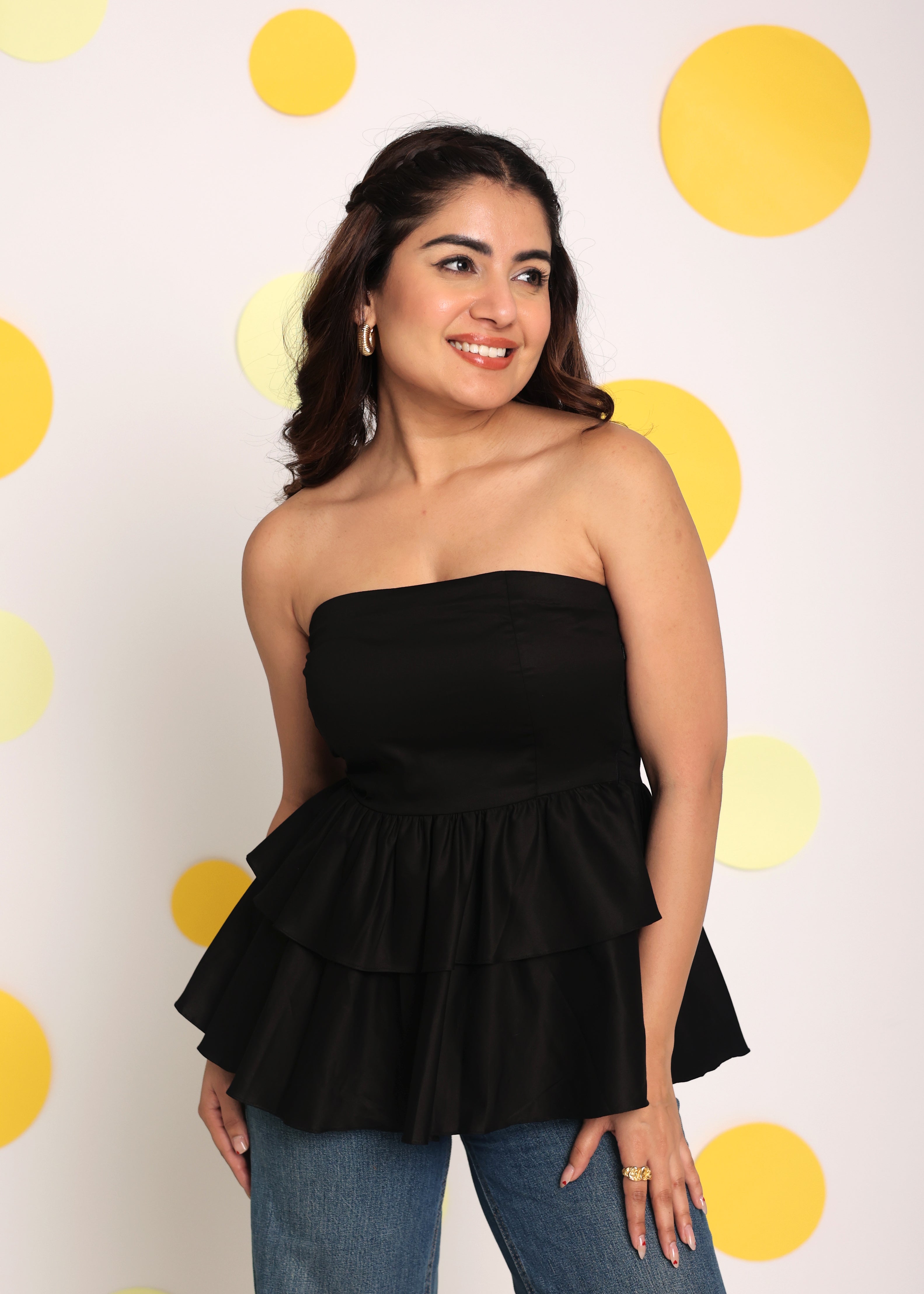 Solid Black Colour Tube Peplum Frill  Partywear Top - Kaoribyshreya