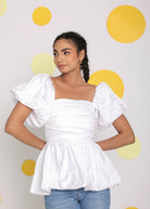 White 3 Way Styling Bust Fitted Top with Detachable Short Balloon Sleeves - Kaoribyshreya