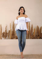 White 3 Way Styling Bust Fitted Top with Detachable Short Balloon Sleeves - Kaoribyshreya