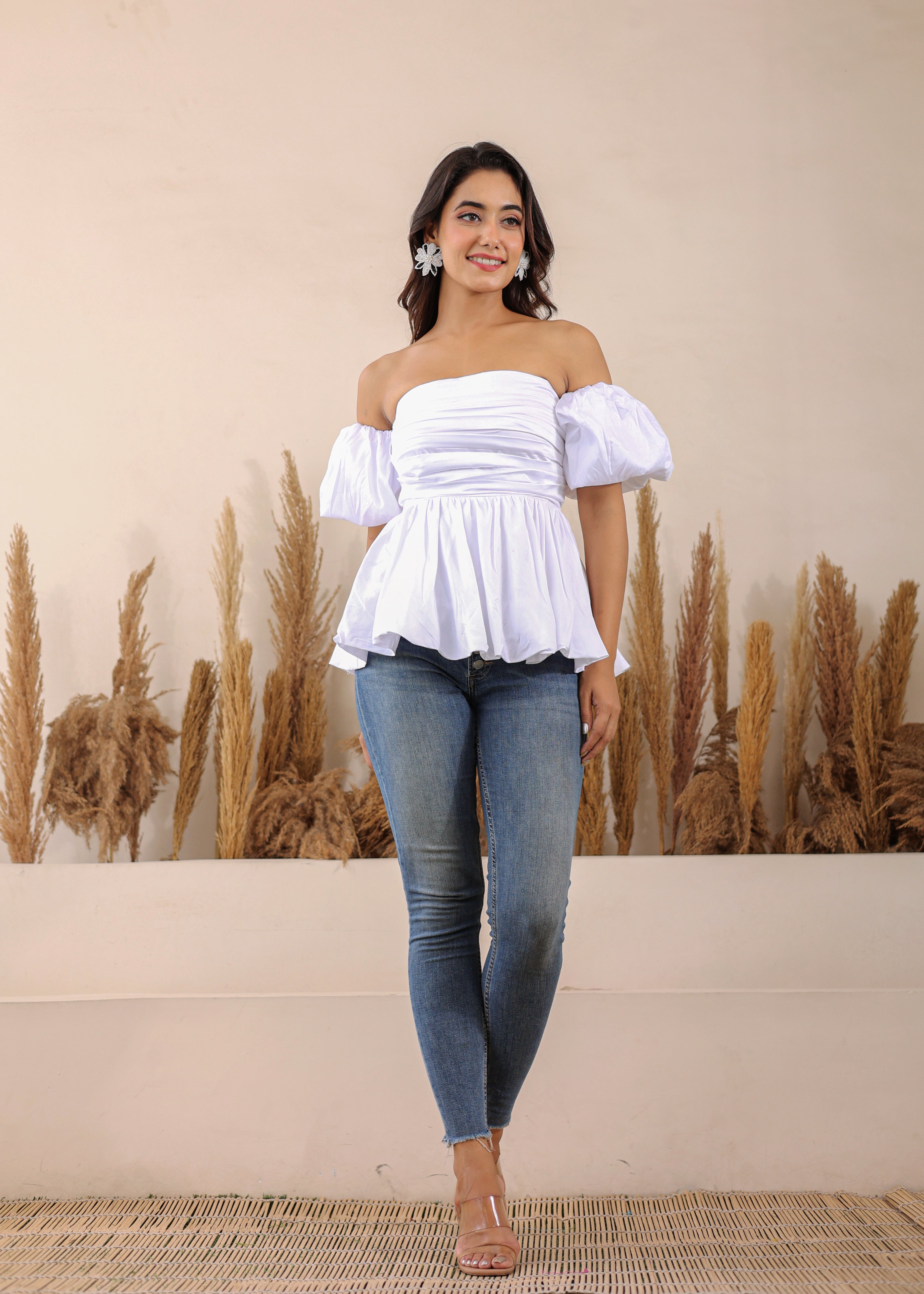 White 3 Way Styling Bust Fitted Top with Detachable Short Balloon Sleeves - Kaoribyshreya