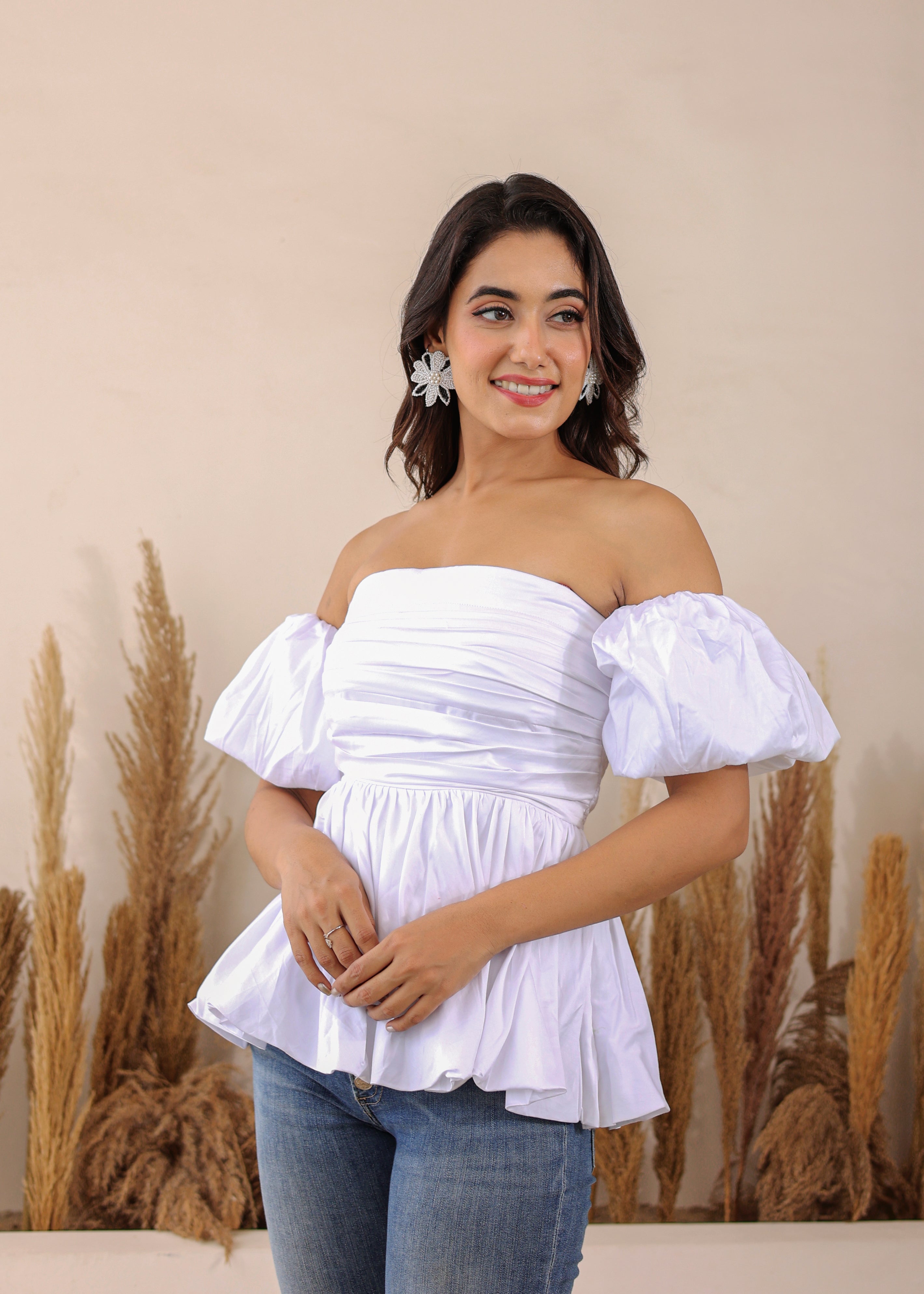 White 3 Way Styling Bust Fitted Top with Detachable Short Balloon Sleeves - Kaoribyshreya