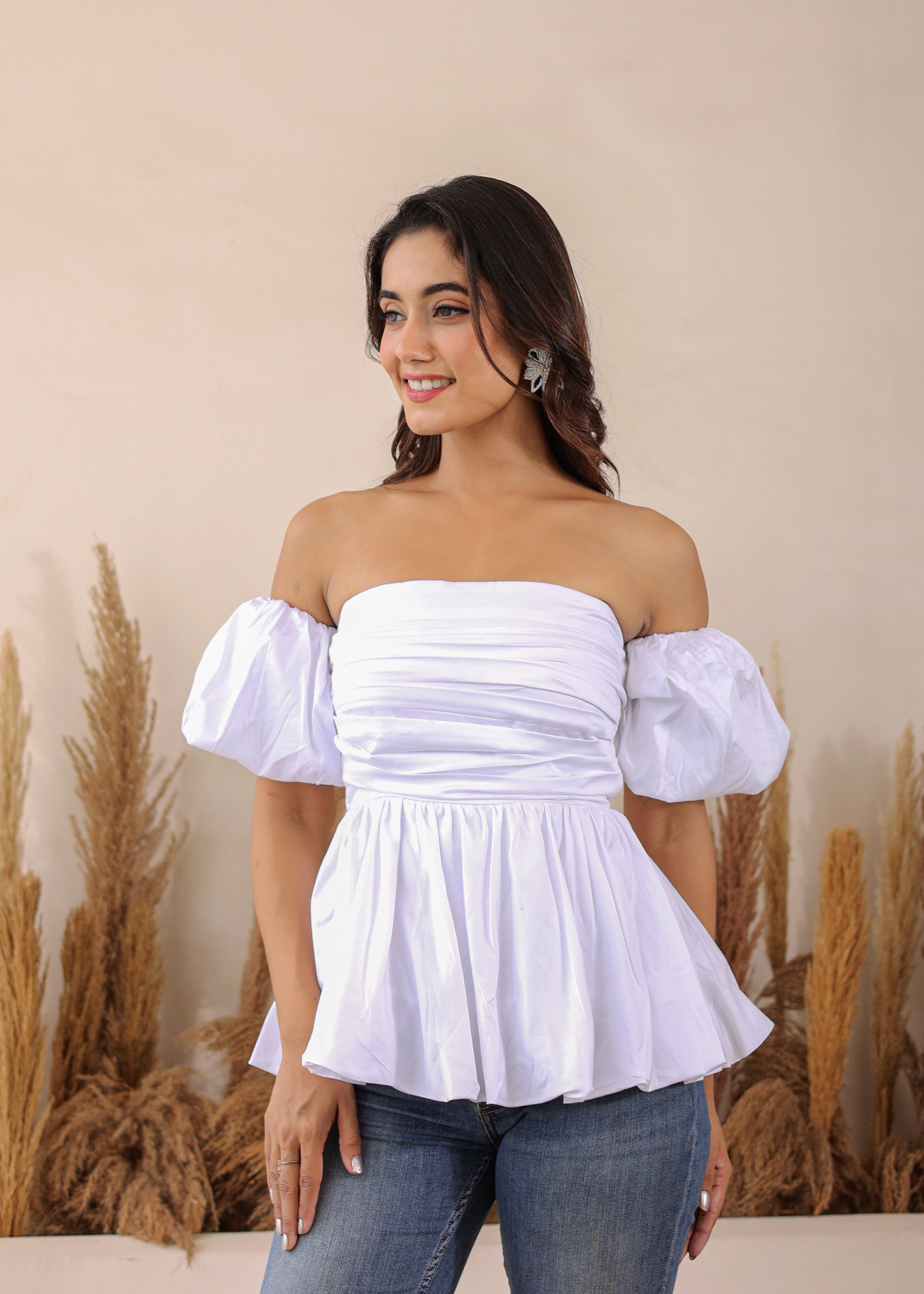 White 3 Way Styling Bust Fitted Top with Detachable Short Balloon Sleeves - Kaoribyshreya