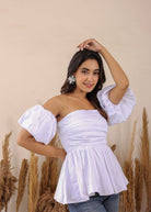 White 3 Way Styling Bust Fitted Top with Detachable Short Balloon Sleeves - Kaoribyshreya