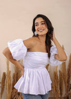 White 3 Way Styling Bust Fitted Top with Detachable Short Balloon Sleeves - Kaoribyshreya