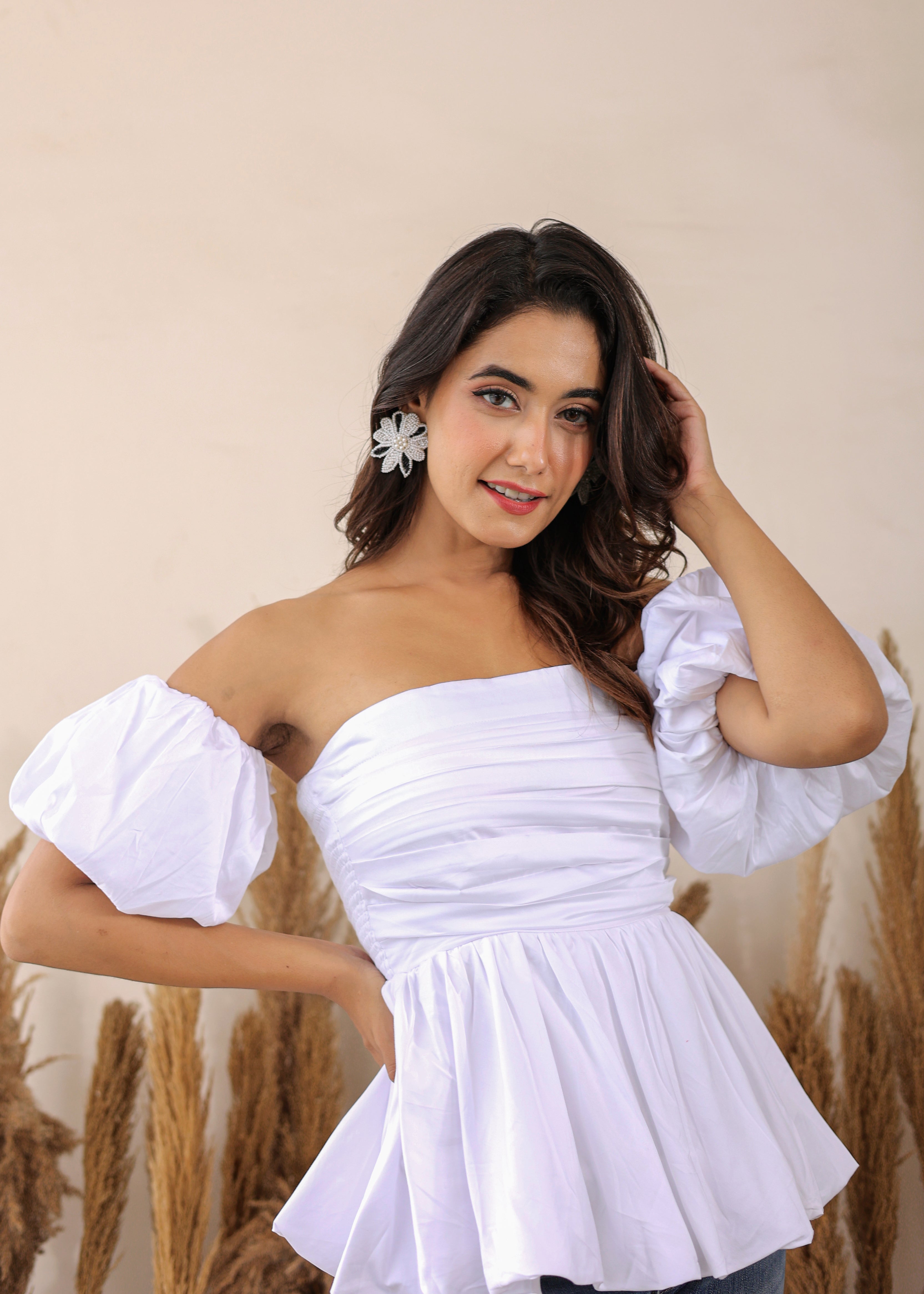 White 3 Way Styling Bust Fitted Top with Detachable Short Balloon Sleeves - Kaoribyshreya
