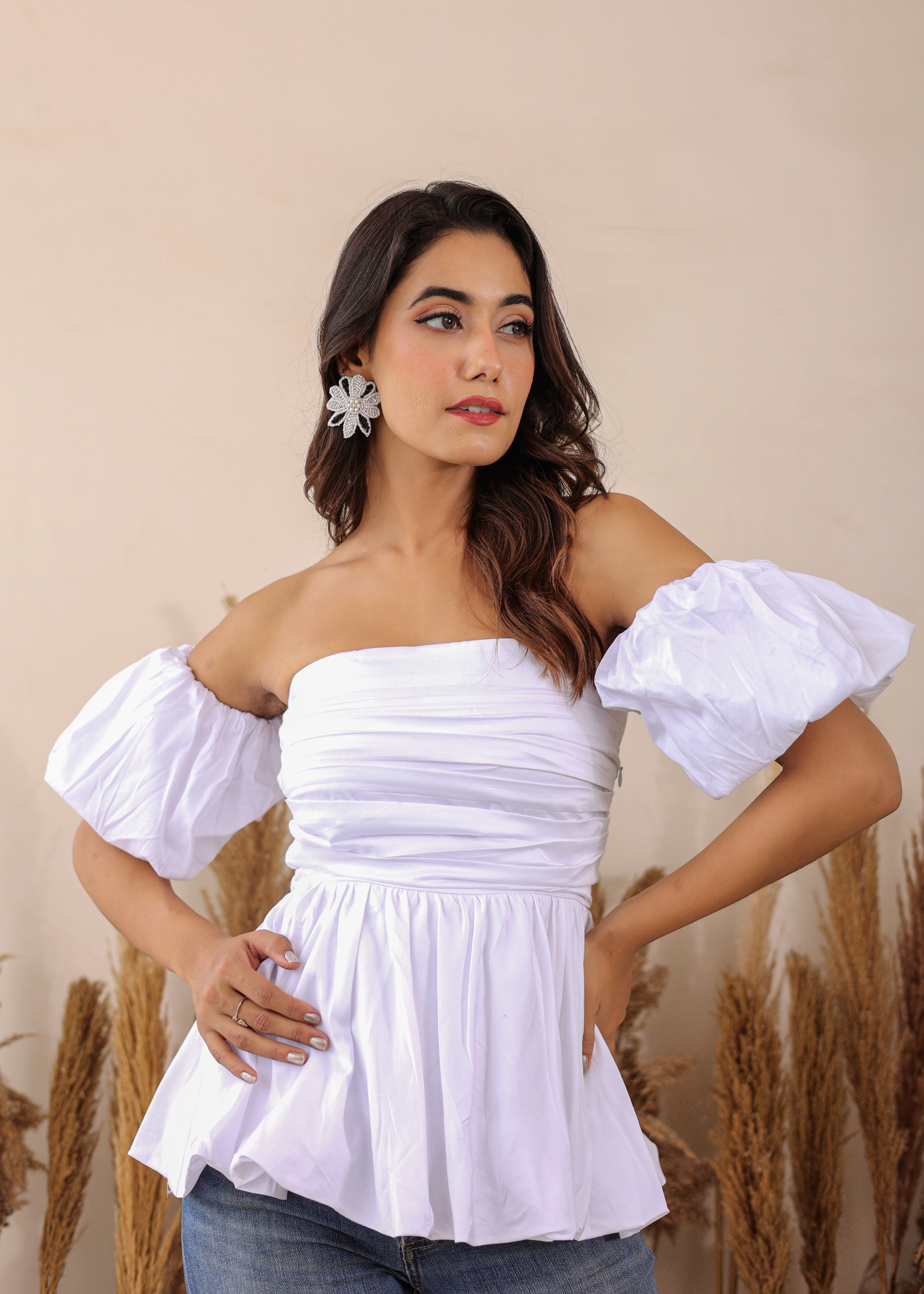 White 3 Way Styling Bust Fitted Top with Detachable Short Balloon Sleeves - Kaoribyshreya