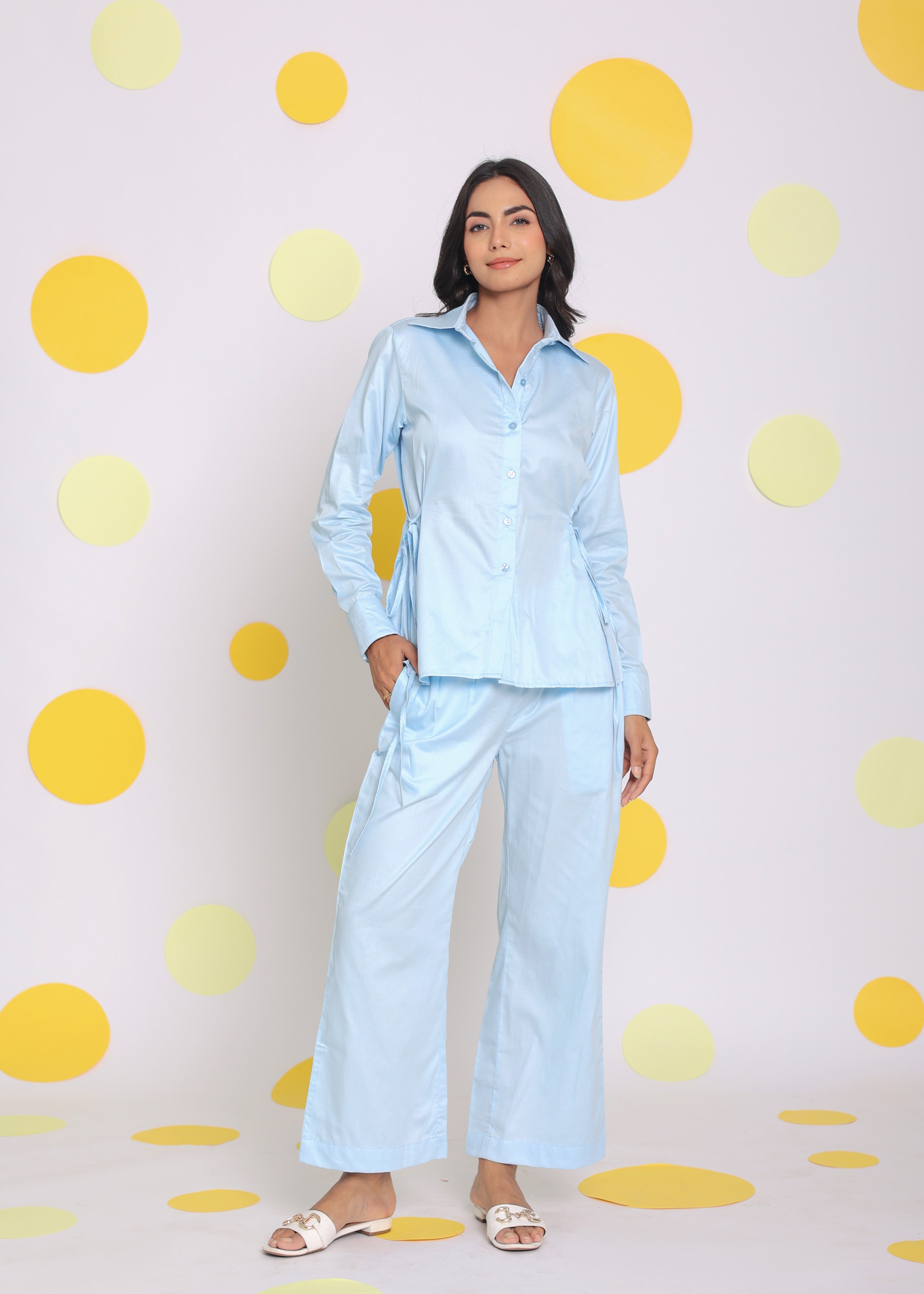 Sky Blue Shirt With Side Tie Ups And Pant 2 Piece Set Summer Relaxed Casual Co-ord Set - Kaoribyshreya