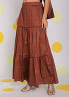 Coffee Brown Sweetheart Neckline Crop Top with Back Tie up and Long Skirt 100% Cotton Resortwear Co-ord Set - Kaoribyshreya