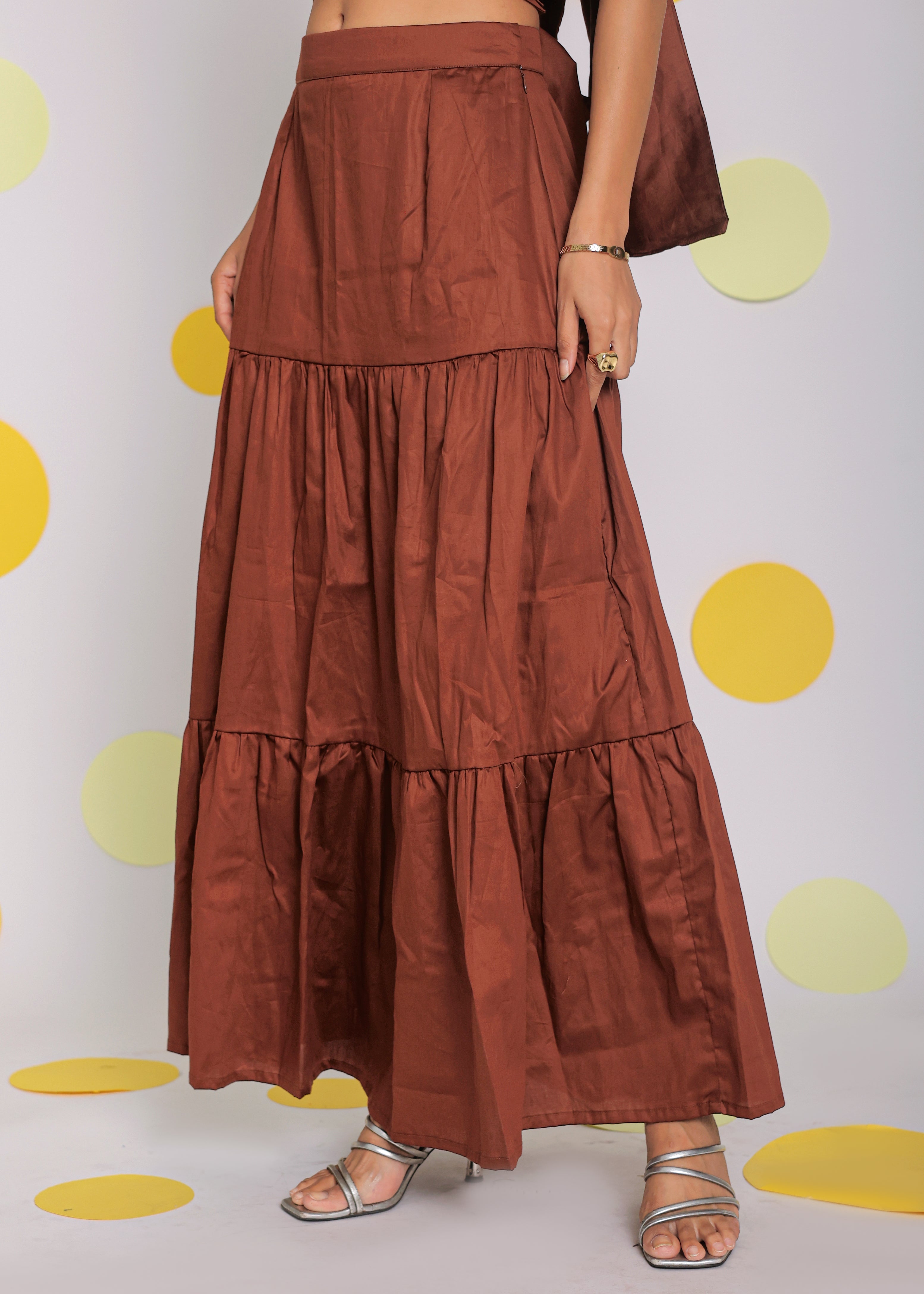 Coffee Brown Sweetheart Neckline Crop Top with Back Tie up and Long Skirt 100% Cotton Resortwear Co-ord Set - Kaoribyshreya