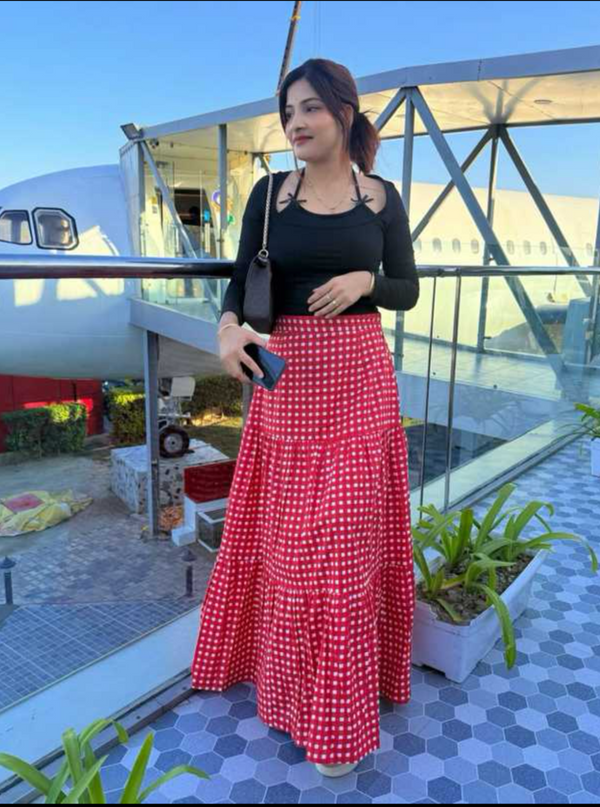 Gingham Red Western Cotton Relaxed Long Skirt
