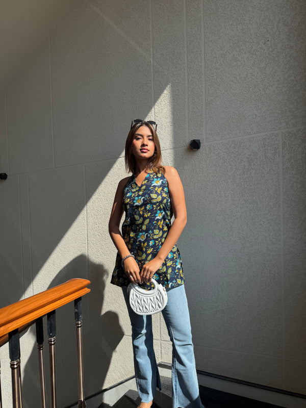 "Women’s 100% Cotton Printed Halter Neck Short Kurti – Back Elastic, Side Slits, Tie-Up Neck | Casual Summer Wear "