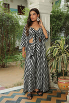 JET BLACK POLKA JACKET WITH FRONT TIE UP TOP AND PANT SET