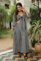 JET BLACK POLKA JACKET WITH FRONT TIE UP TOP AND PANT SET