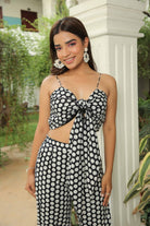 JET BLACK POLKA JACKET WITH FRONT TIE UP TOP AND PANT SET