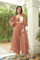 COPPER BROWN BUBBLE PRINT CAPE WITH BICHROME TOP AND PANT SET