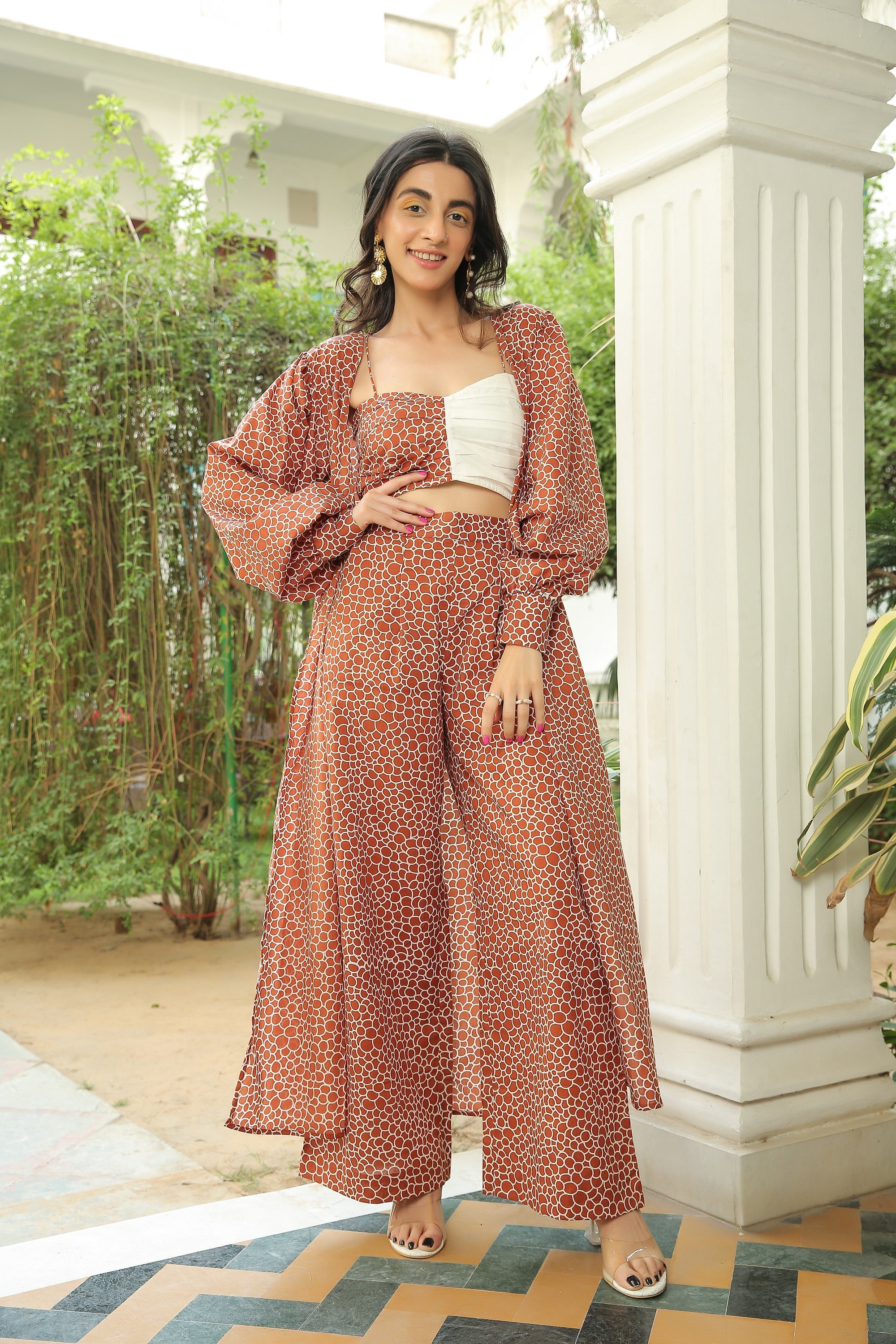 COPPER BROWN BUBBLE PRINT CAPE WITH BICHROME TOP AND PANT SET