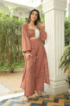 COPPER BROWN BUBBLE PRINT CAPE WITH BICHROME TOP AND PANT SET