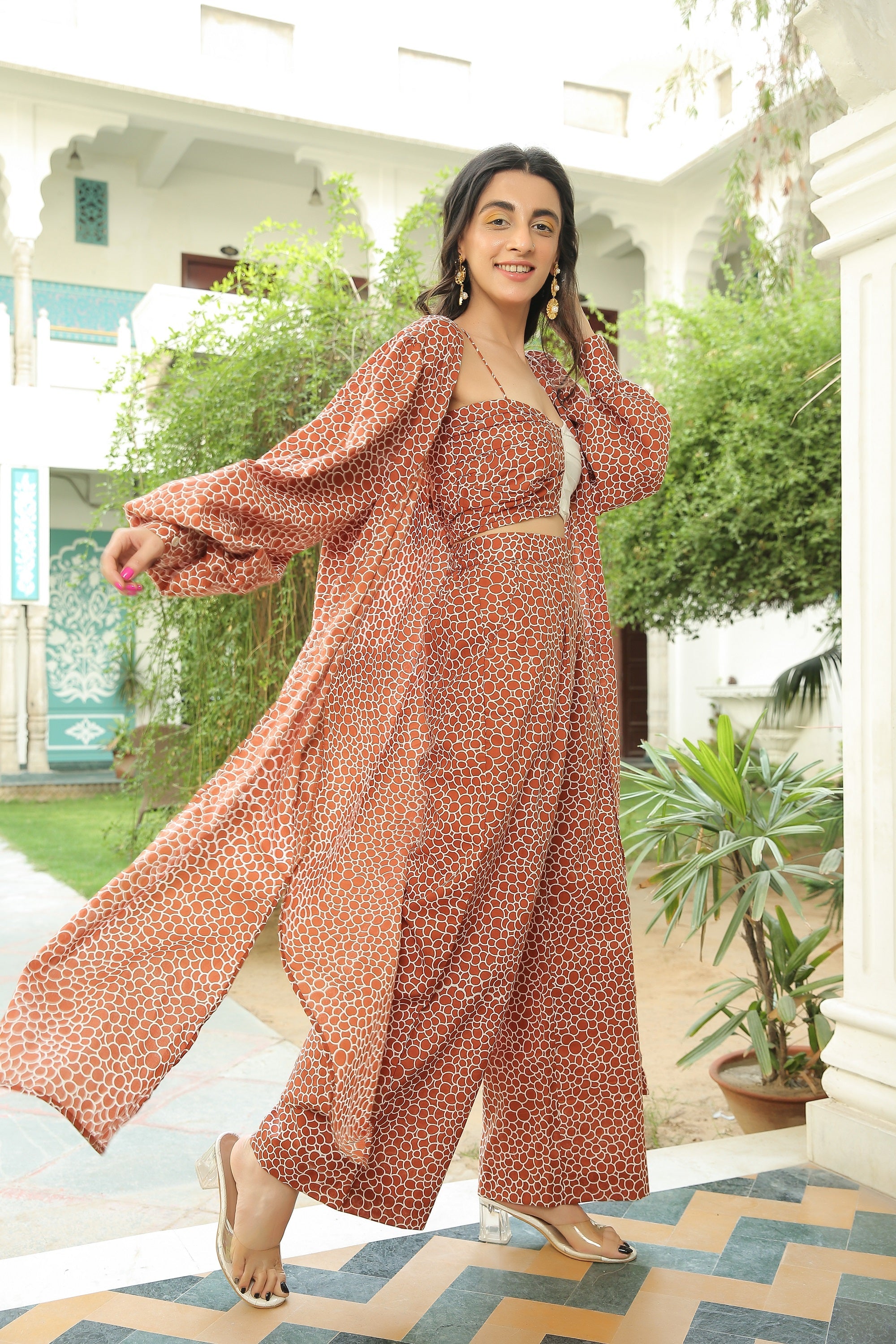 COPPER BROWN BUBBLE PRINT CAPE WITH BICHROME TOP AND PANT SET