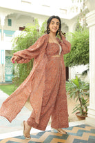 COPPER BROWN BUBBLE PRINT CAPE WITH BICHROME TOP AND PANT SET