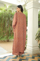 COPPER BROWN BUBBLE PRINT CAPE WITH BICHROME TOP AND PANT SET