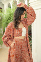 COPPER BROWN BUBBLE PRINT CAPE WITH BICHROME TOP AND PANT SET