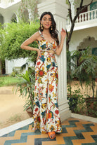 RUFFLED PRINTED TOP WITH FLARED HIGH WAIST PANTS