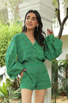 PRINTED SANDY GREEN SHIRT WITH SHORTS CO-ORD SET