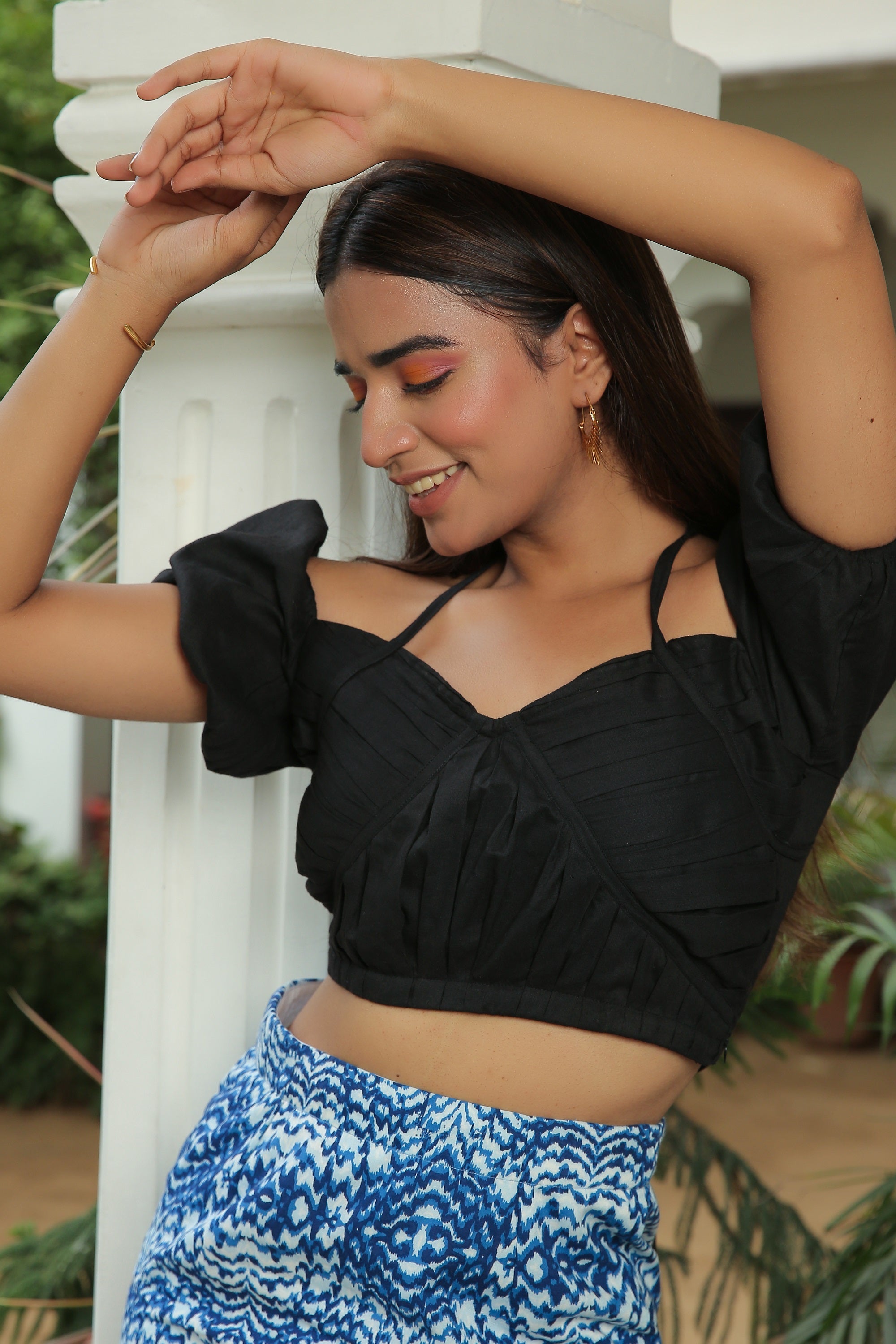 JET BLACK HALTER TOP WITH  MEDITERRANIAN BLUE  SKIRT SET