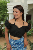 JET BLACK HALTER TOP WITH  MEDITERRANIAN BLUE  SKIRT SET