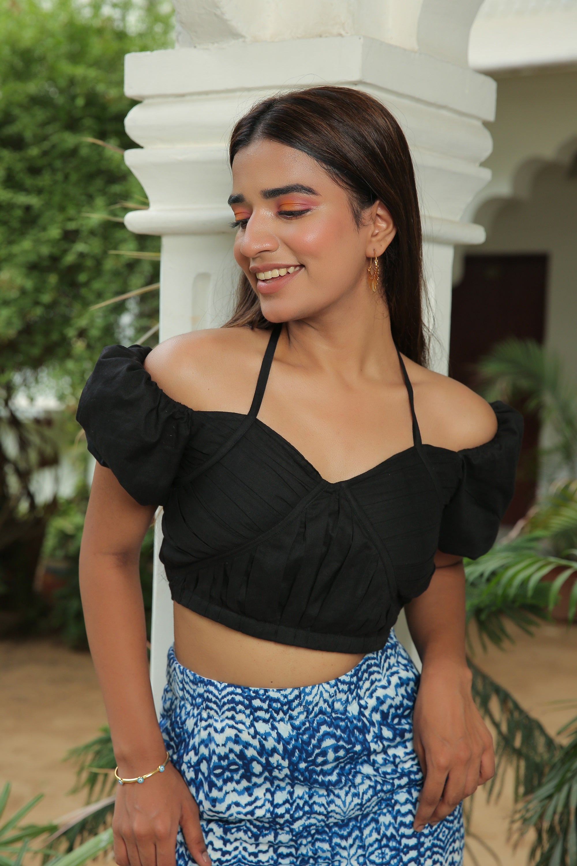 JET BLACK HALTER TOP WITH  MEDITERRANIAN BLUE  SKIRT SET