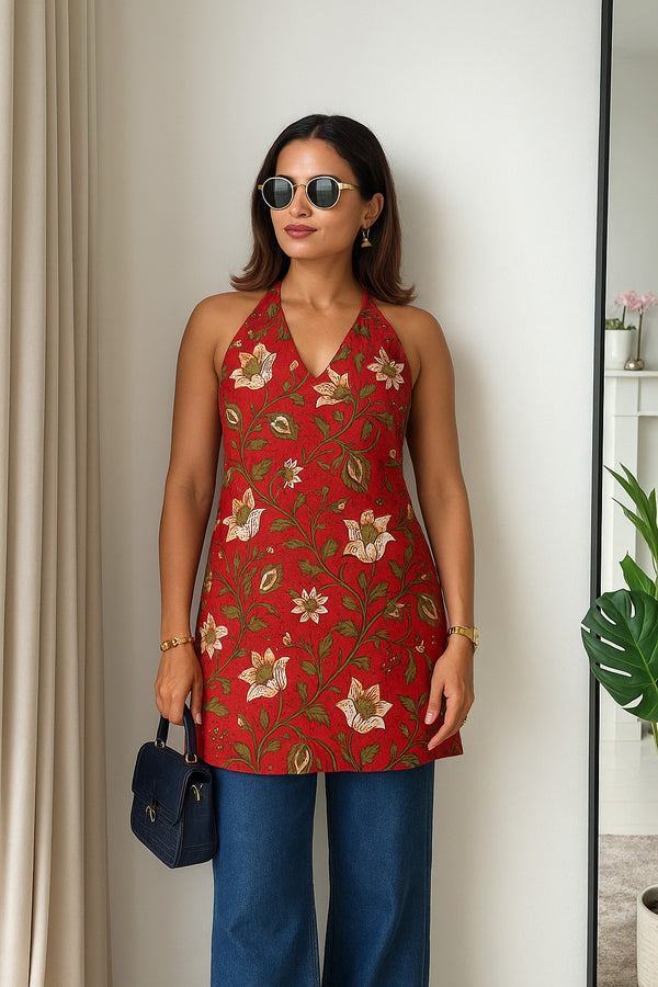 Women’s 100% Cotton Printed Halter Neck Short Kurti – Back Elastic, Side Slits, Tie-Up Neck | Casual Summer Wear