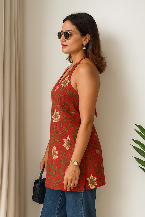 Women’s 100% Cotton Printed Halter Neck Short Kurti – Back Elastic, Side Slits, Tie-Up Neck | Casual Summer Wear