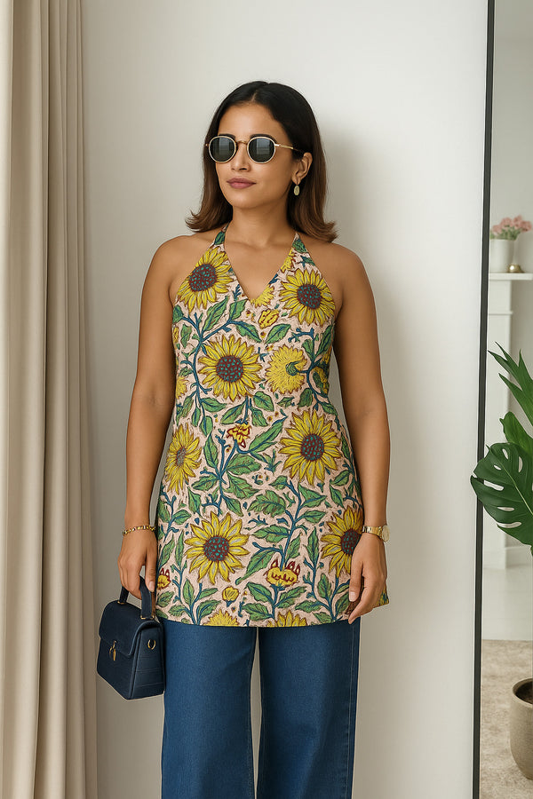 Women’s 100% Cotton Printed Halter Neck Short Kurti – Back Elastic, Side Slits, Tie-Up Neck | Casual Summer Wear