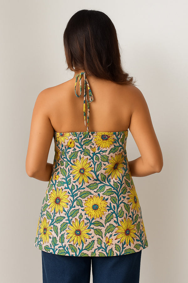Women’s 100% Cotton Printed Halter Neck Short Kurti – Back Elastic, Side Slits, Tie-Up Neck | Casual Summer Wear