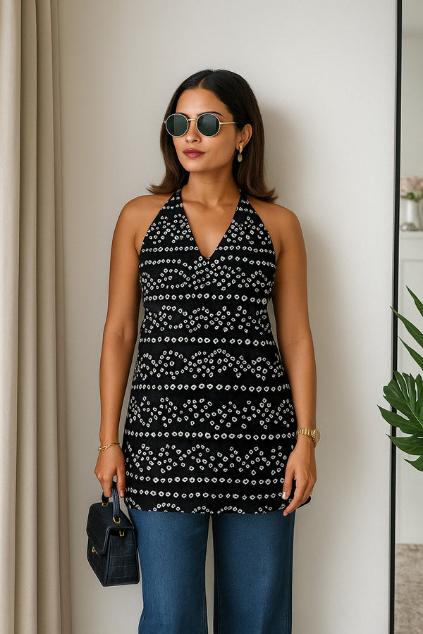 Women’s 100% Cotton Printed Halter Neck Short Kurti – Back Elastic, Side Slits, Tie-Up Neck | Casual Summer Wear
