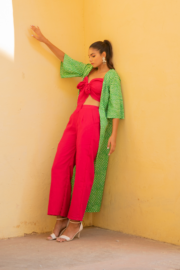 Kaoribyshreya Green Leheriya Jacket with Front Tie Up Top and Pant Set