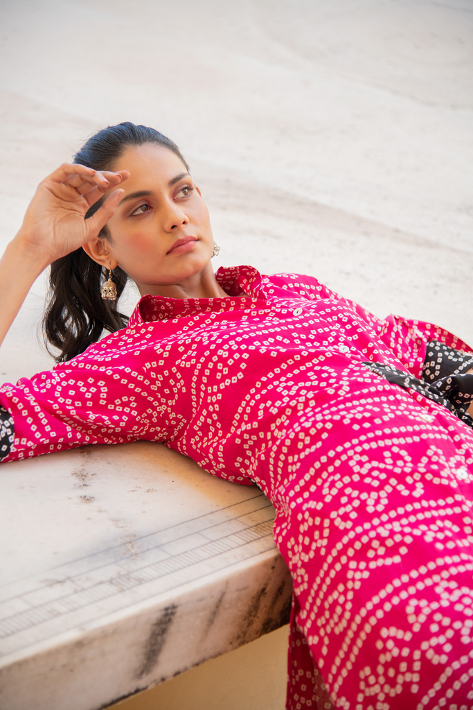 Fuschia Pink Bhandej Print Side Tie Up Shirt Kurta with Statement Pants