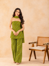 Green Leheriya Tube Kurta Set with Flared Pants, Bhandej Dupatta & Leheriya Stole