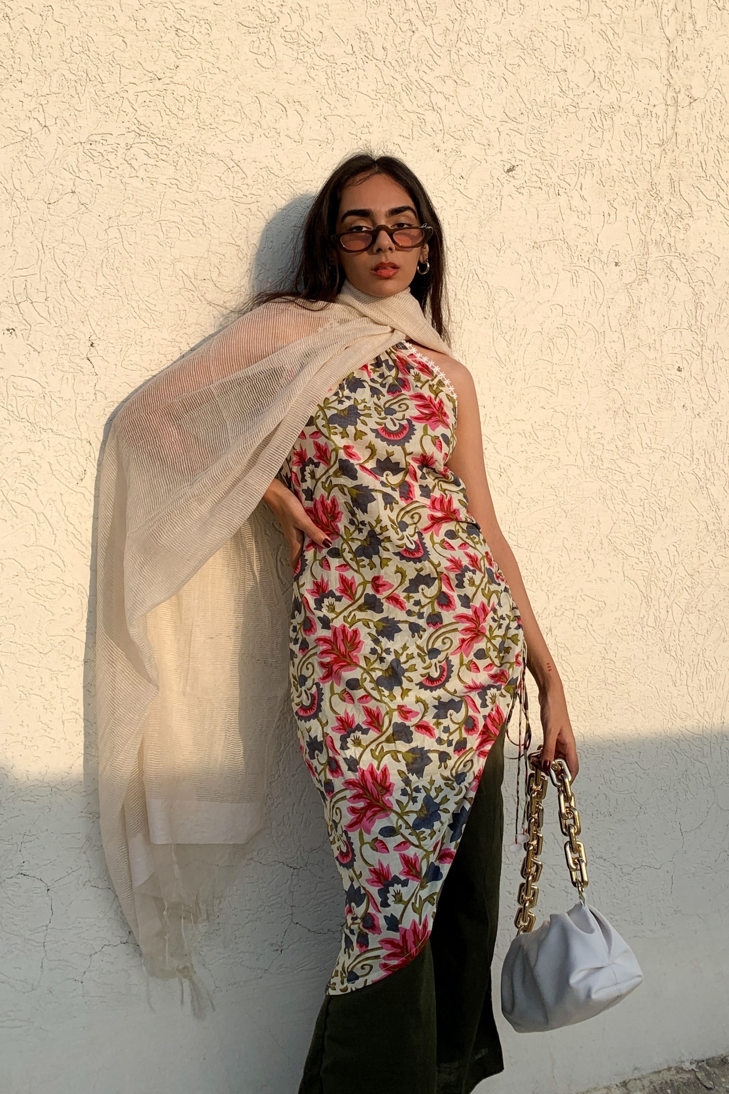 Ivory Floral Print Halter Neck Asymmetrical Kurta With Flared Pant - Kaoribyshreya