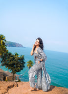Jet Black Polka Jacket With Front Tie Up Top And Pant Set - Kaoribyshreya