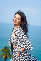 Jet Black Polka Jacket With Front Tie Up Top And Pant Set - Kaoribyshreya