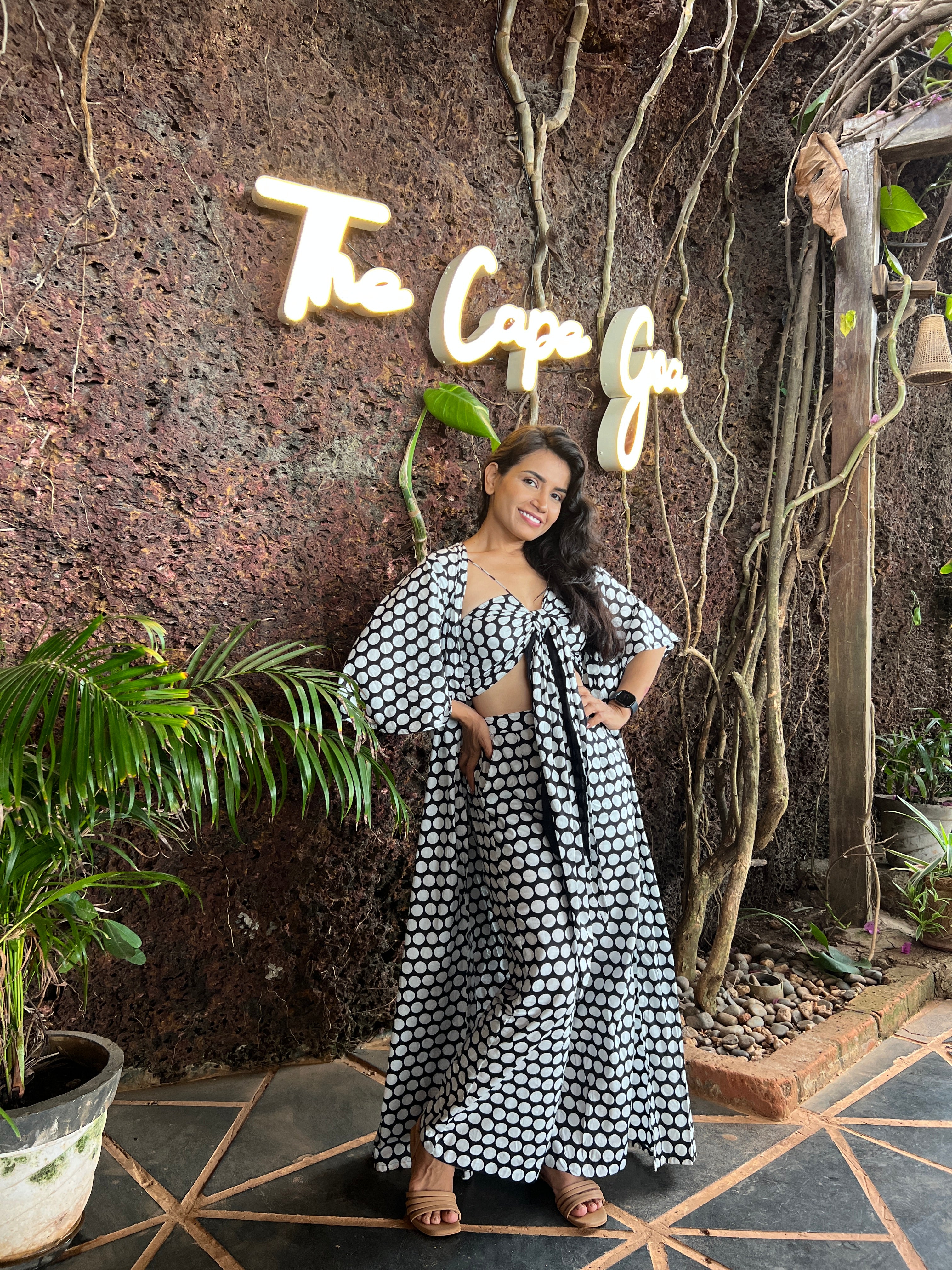 Jet Black Polka Jacket With Front Tie Up Top And Pant Set - Kaoribyshreya