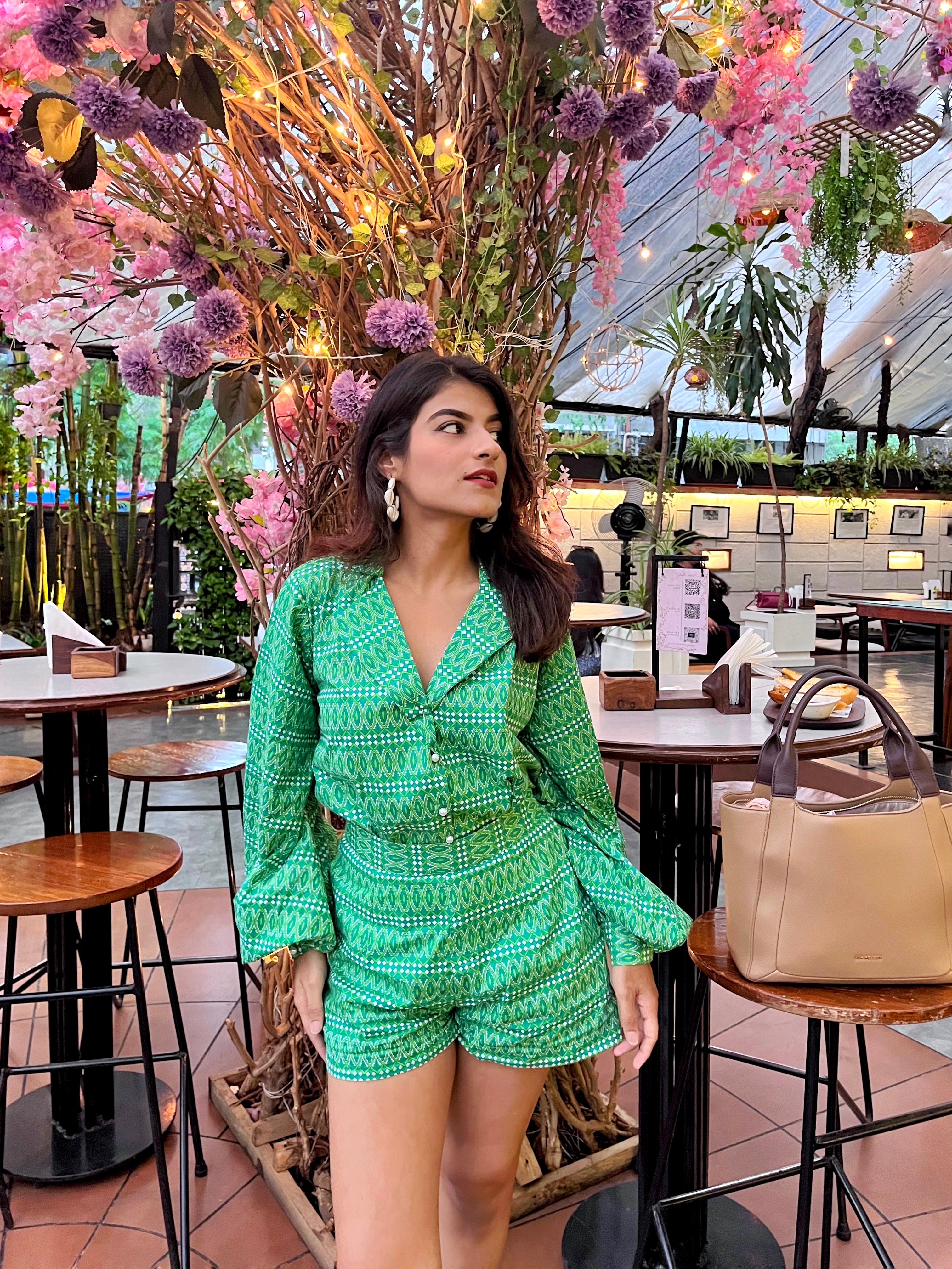 Printed Sandy Green Shirt With Shorts Co-ord Set - Kaoribyshreya