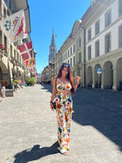 White Ruffled Printed Top With Flared High Waist Pants - Kaoribyshreya
