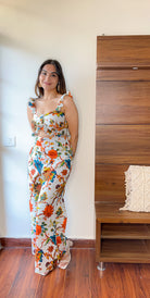 White Ruffled Printed Top With Flared High Waist Pants - Kaoribyshreya